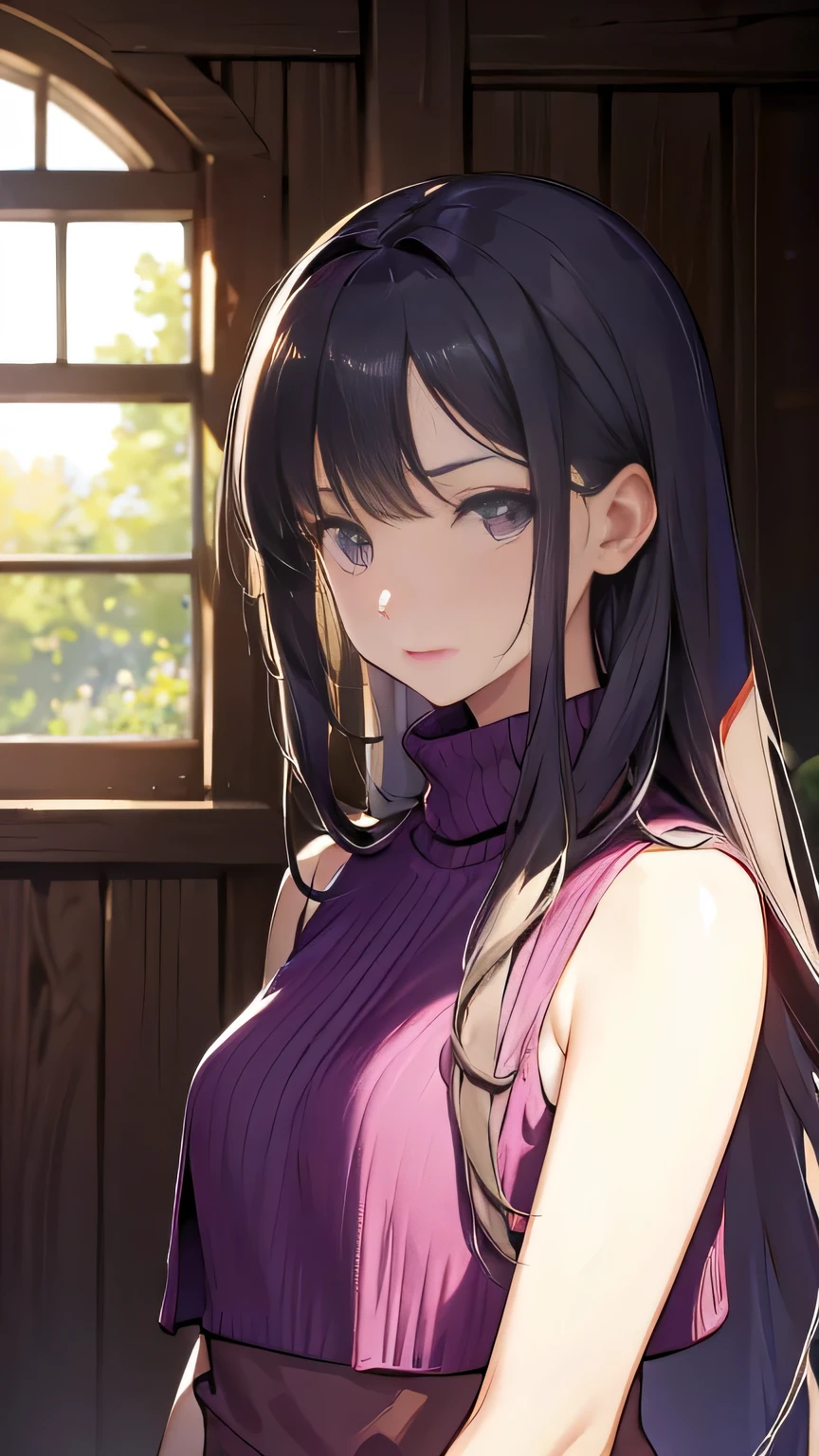 ((masterpiece)), accurate, high details, (detailed eyes), best quality, highres, super detail, Turtleneck sweater, sleeveless, flare skirt, (lavender colored clothing), black hair, long hair, straight hair, mole under eye, Inside the room, afternoon sun, from back