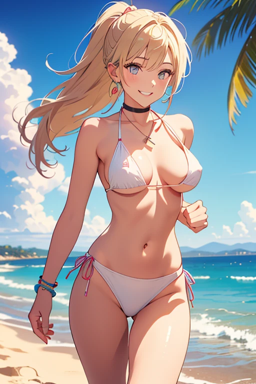 a woman in a bikini sitting on a beach with a blue sky, seductive anime girl, anime meilleure fille, oppaï, jolie fille anime, beautiful seductive anime woman, belle fille animée, realistic bikini, ecchi, fille anime blonde aux cheveux longs, animated goddess, ( ( stop four # ) ), tetas grandes!, style anime ecchi, Labo