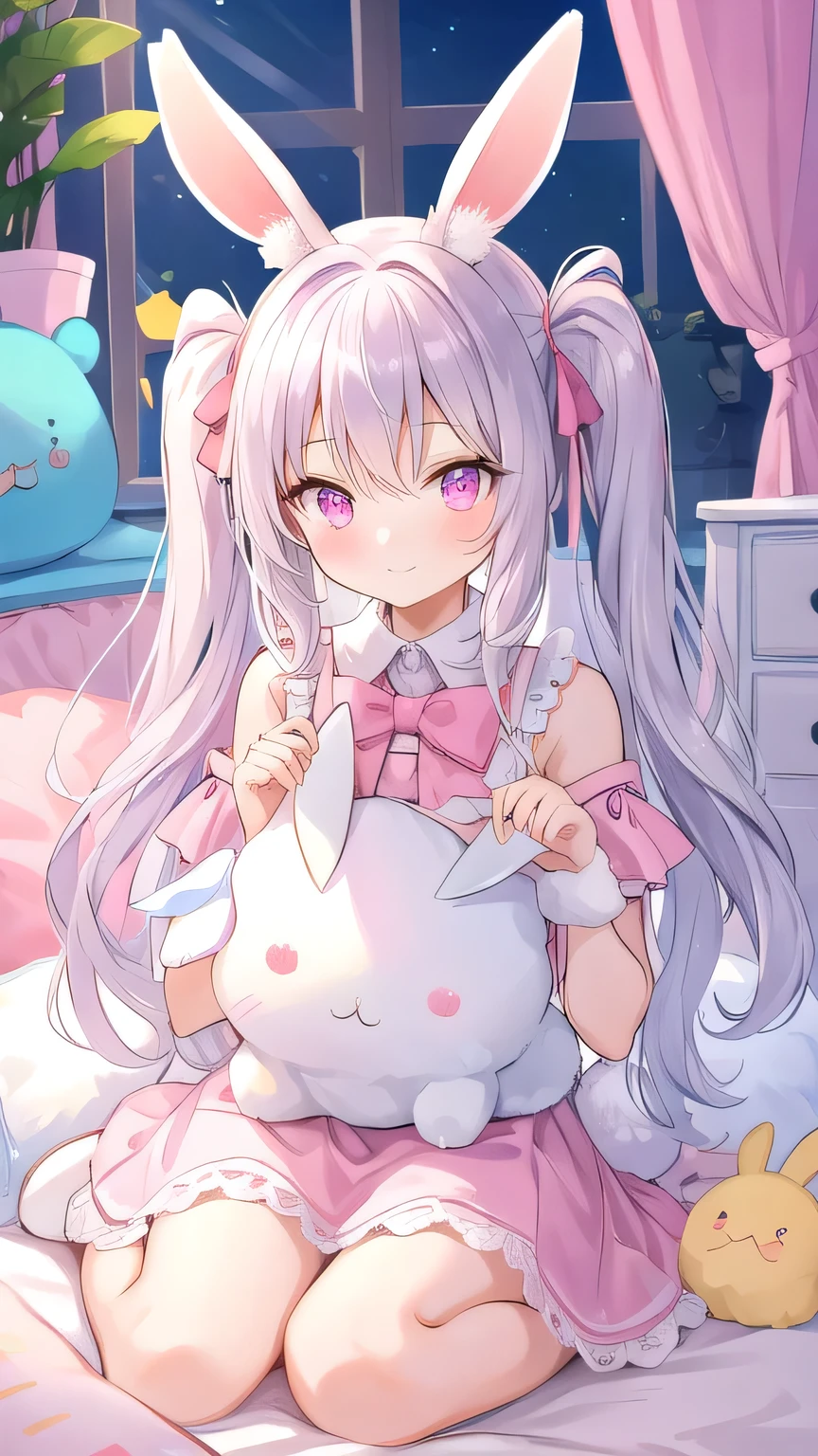 Nice illustration, best quality, Cute girl, bedroom, Pastel colors, fluffy rabbit ears, , Silver long hair, Rabbit Plush Toy, Bright Lights, Light pink eyes