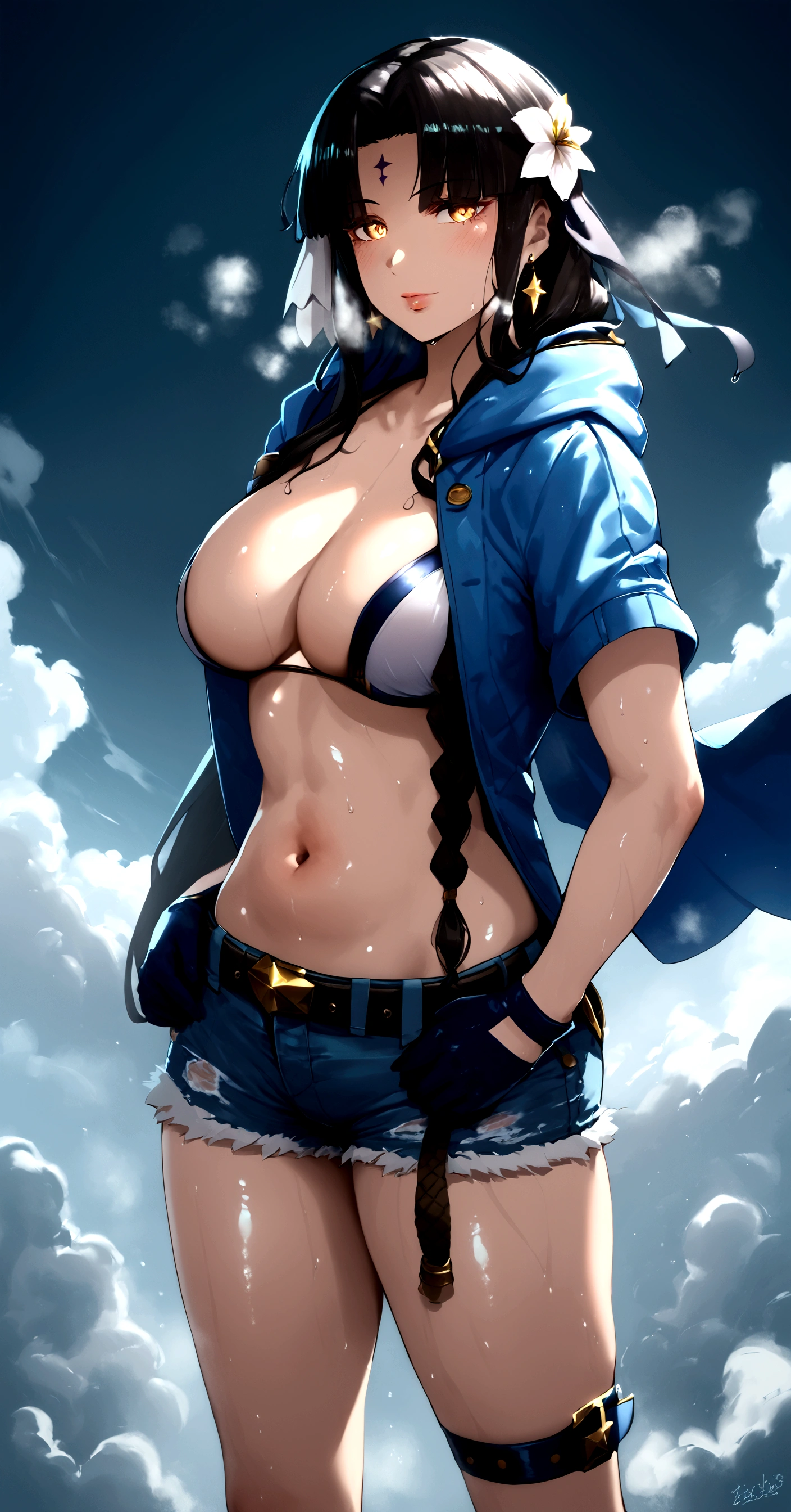 score_9, score_8_up, score_7_up, score_6_up, uncensored, Michiko_Tanaka, absurdly long hair, golden eyes, black hair, very long hair, parted bangs, forehead mark, lips, shiny skin, sweating, wet, wet hair, steaming body, heavy breathing, (small :1.3), BREAK (masterpiece:1.2), best quality, high resolution, unity 8k wallpaper, (illustration:0.8), (detailed eyes:1.3), perfect lighting, extremely detailed CG, (perfect hands, perfect anatomy), 1girl, breasts, solo, shorts, gloves, cloud, flower, belt, looking_at_viewer, cutoffs, earrings, jewelry, short_shorts, jacket, collarbone, smoke, black_gloves, cleavage, outdomach, standing, swimsuit,