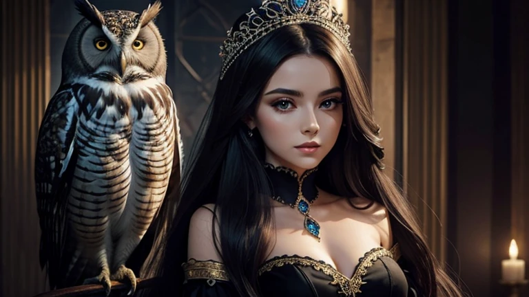Beautiful woman with perfect face and body, long hair Gottka dressed like a queen in black. She is close to a wonderful Owl. nice dark place.
