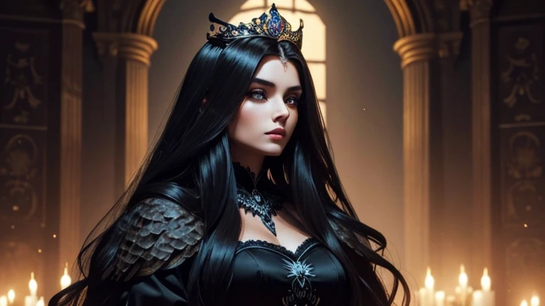 Beautiful woman with perfect face and body, long hair Gottka dressed like a queen in black. She is close to a wonderful Owl. nice dark place.