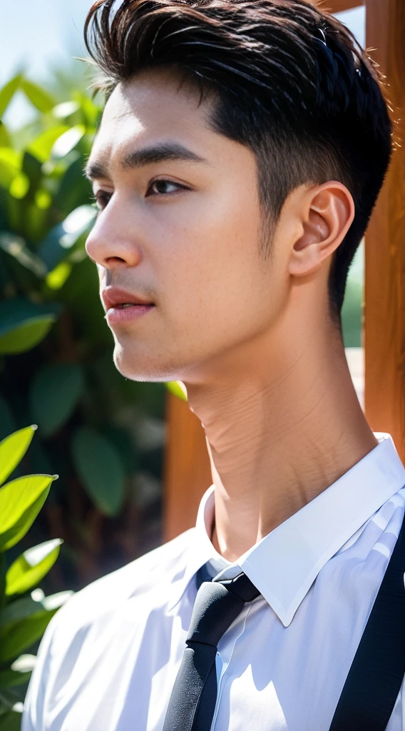 (realistically, Masterpiece, High resolution 8K, good light quality, Portrait, closed on face, complicated details), Handsome Korean Uncle, Beard，Age 40, Staring at desire, detailed face, Detailed eyes, look at the sky, shirt, suit lac suit，tick,黑Eyes, (Pale skin), body standards,brown hair, smooth hair,Big Back， Outdoor activities, evening, sunset,office room, Exaggerated, impersonal