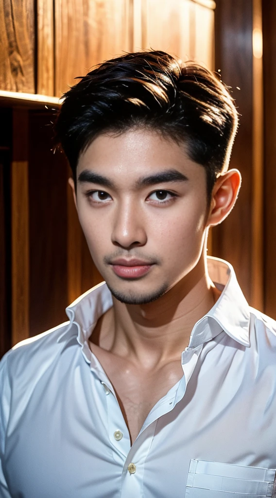 (realistically, Masterpiece, High resolution 8K, good light quality, Portrait, closed on face, complicated details), Handsome Korean Uncle, Beard,Age 40, Staring at desire, detailed face, Detailed eyes, look at the sky, shirt, suit lac suit,tick,黑Eyes, (Pale skin), body standards,brown hair, smooth hair,Big Back, Outdoor activities, evening, sunset,office room, Exaggerated, impersonal