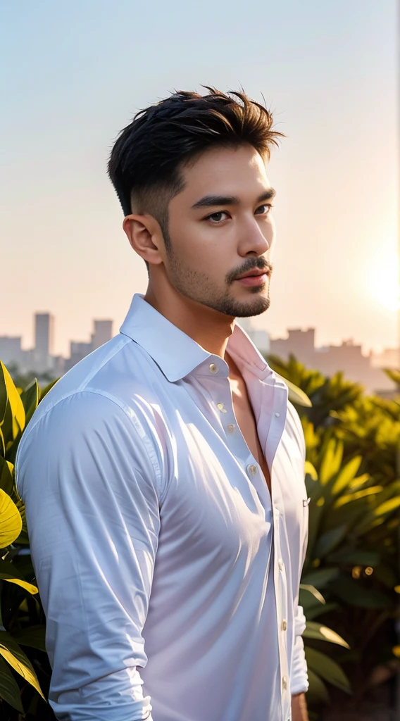 (realistically, Masterpiece, High resolution 8K, good light quality, Portrait, closed on face, complicated details), Handsome Korean Uncle, Beard，Age 40, Staring at desire, detailed face, Detailed eyes, look at the sky, shirt, suit lac suit，tick,黑Eyes, (Pale skin), body standards,brown hair, smooth hair,Big Back， Outdoor activities, evening, sunset,office room, Exaggerated, impersonal