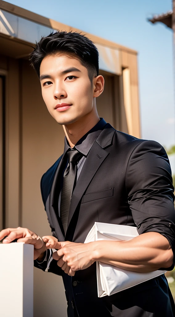 (realistically, Masterpiece, High resolution 8K, good light quality, Portrait, closed on face, complicated details), Handsome Korean Uncle, Beard,Age 40, Staring at desire, detailed face, Detailed eyes, look at the sky, shirt, suit lac suit,tick,黑Eyes, (Pale skin), body standards,brown hair, smooth hair,Big Back, Outdoor activities, evening, sunset,office room, Exaggerated, impersonal
