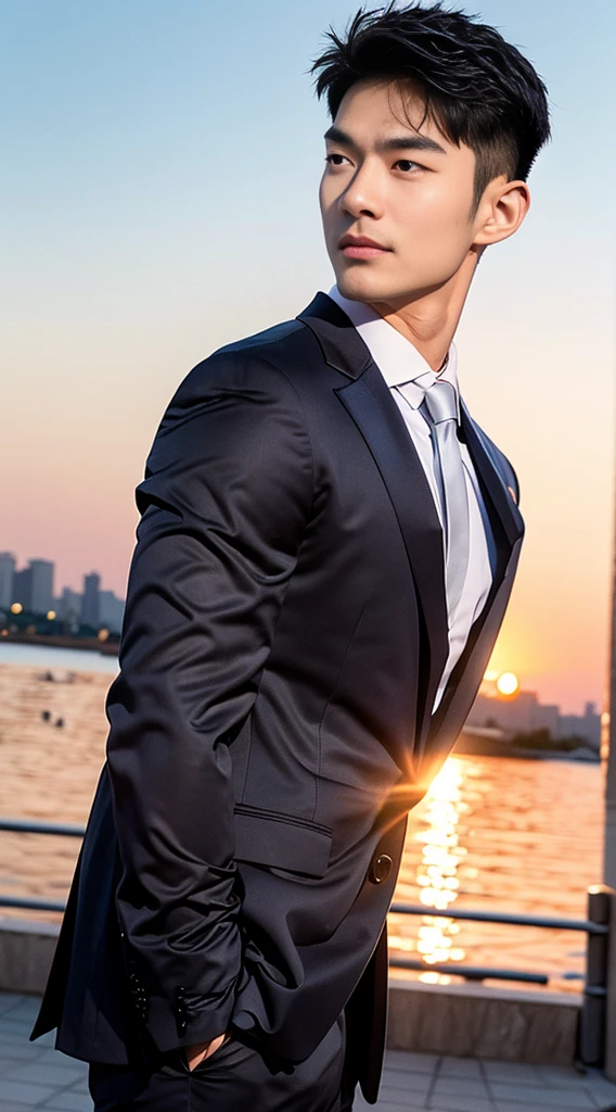(realistically, Masterpiece, High resolution 8K, good light quality, Portrait, closed on face, complicated details), Handsome Korean Uncle, Beard,Age 40, Staring at desire, detailed face, Detailed eyes, look at the sky, shirt, suit lac suit,tick,黑Eyes, (Pale skin), body standards,brown hair, smooth hair,Big Back, Outdoor activities, evening, sunset,office room, Exaggerated, impersonal