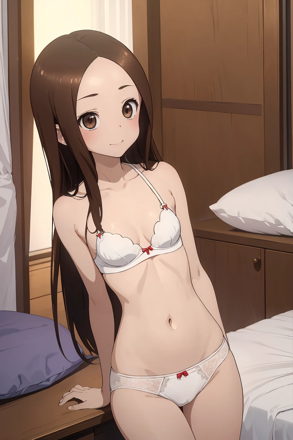 NSFW(４ｋquality, 最高quality, Takagi１, Brown eyes, length_hair, Ultra-small_chest,）A vivid face　White bra　White panties　　１６Year　Seductive pose　Fascinating　　Beautiful Abs　　綺麗なOcean岸　Ocean　Bedroom　Night view