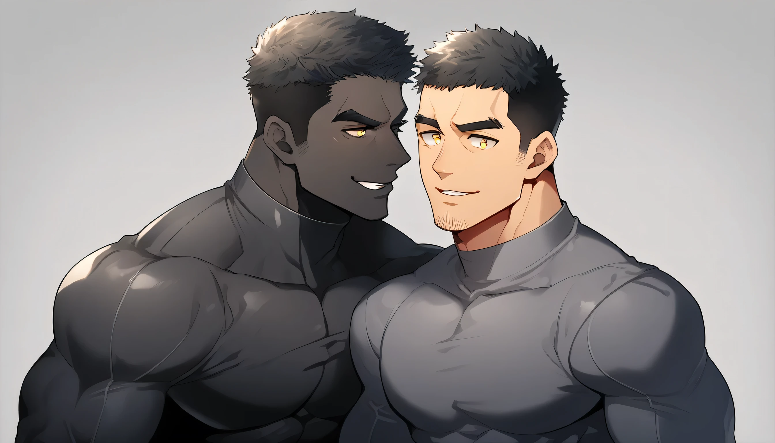 anime characters:Two superheroes in tights, Muscle superhero, negro black skin, They hugged and kissed each other, Bite your neck, Caress, Manliness, male focus, Yellow and black high collar long sleeve tight T-shirt, Slightly transparent material, Very tight, Round, full and perky chest muscles, Male dog waist, Slightly transparent, muscular male, muscular, only, Upper body, alone, Black short hair, Thick eyebrows, stubble, Yellow eyes, Grey background, simple background, amazing quality, best aesthetics, Ridiculous, bright pupils, crew cut, parted lips, seductive smile, torogao, naughty face, drop shadow, best quality