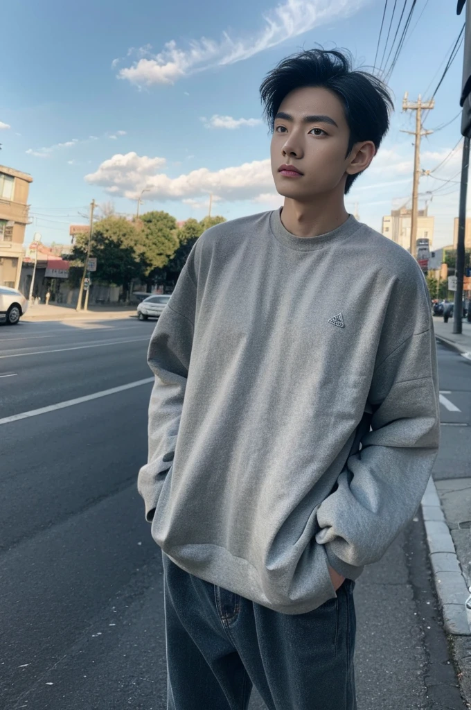 A young man in a shirt stood on the side of the road with a serious expression., looking into the distance,Eyebrows frowned.,He looked worried.,Turn your head slightly.,Cloudy day