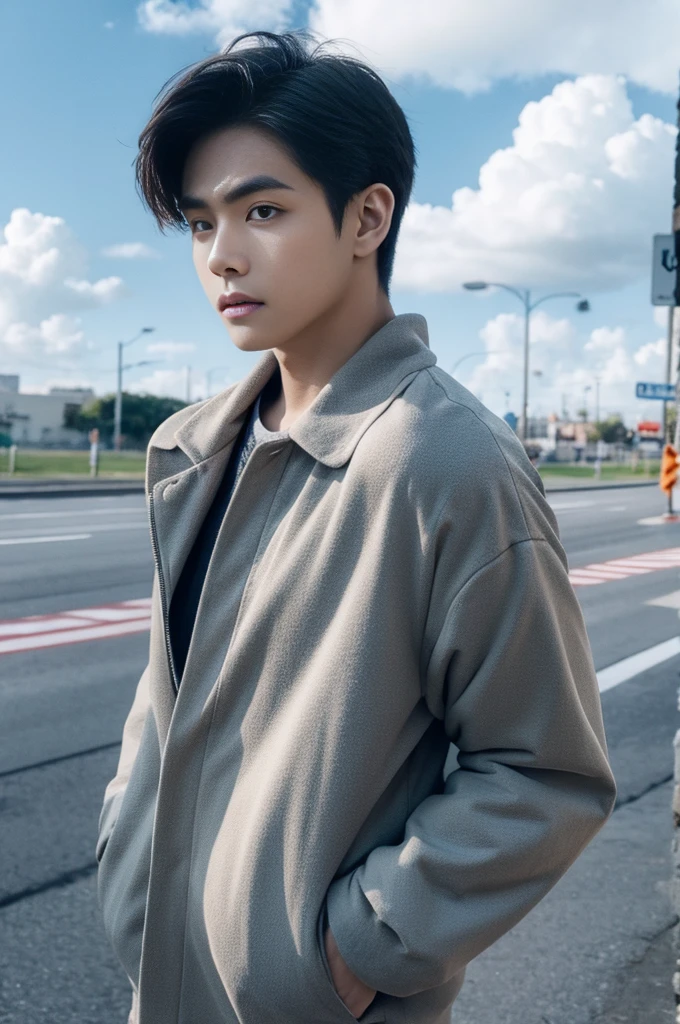 A young man in a shirt stood on the side of the road with a serious expression., looking into the distance，Eyebrows frowned.，He looked worried.，Turn your head slightly.，Cloudy day