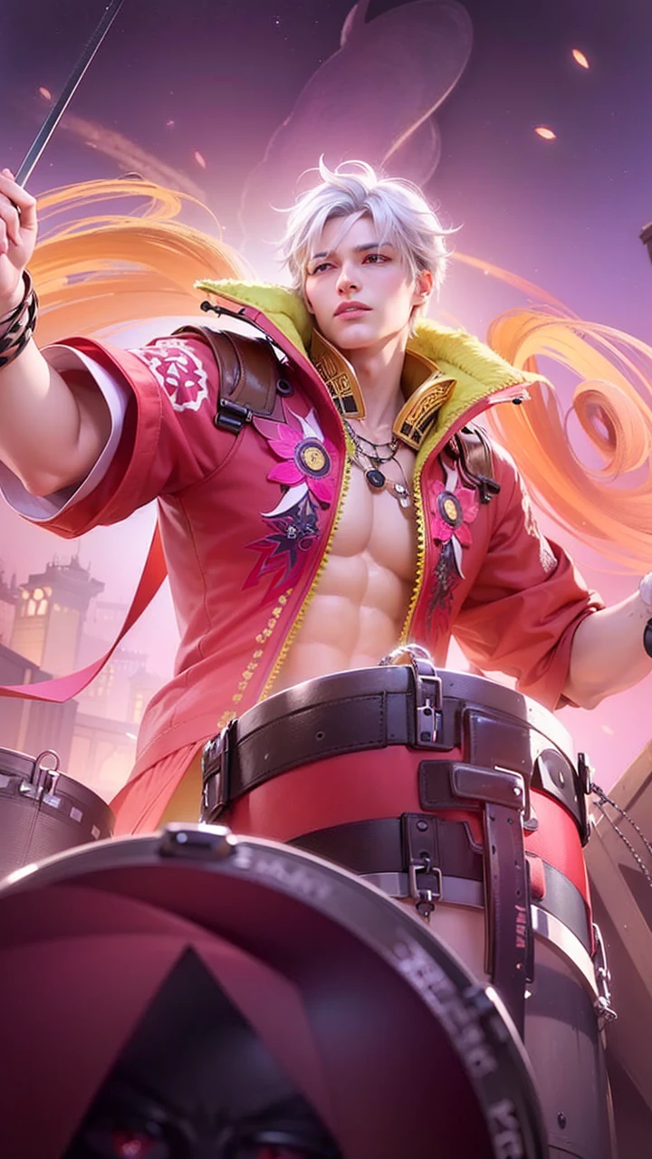 masculine male, masterpiece, ((perfect eyes)) best quality, (semirealism:1.9), beautiful lighting, (extremely detailed CG unity 4k fhd wallpaper), High Detail, Sharp focus, dramatic outdoors, 1 boy ,19 years old, white hair, light purpel eyes, smile.