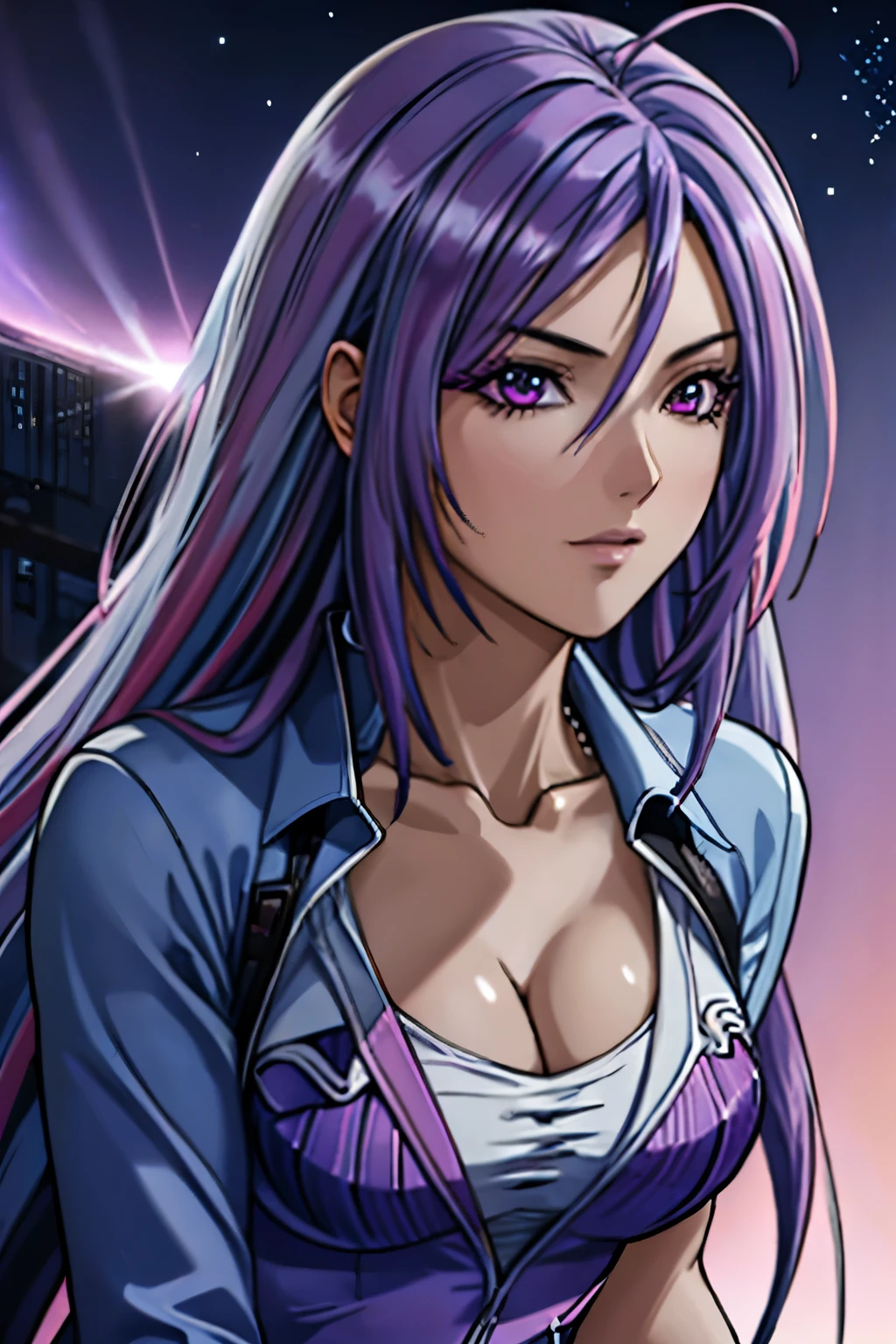 best quality, masterpiece, high resolution, A girl, blond, red eyes, Fashion, necklace, jewelry, Pretty Face, Perfect breasts, more than_Body, Tyndall effect, lifelike, Dark Studio, Side light, Two-color lighting, (HD Skin:1.2), ((Half Body Shot)), ((closeup shot)), mature woman, one person, (Silver blue hair streaked pink purple:1.4), (Gradient sky blue hair ends:1.6), hair strand, absurdly long hair, single sidelock, wavy hair, shiny hair, floating hair, (Illusion deep purple eyes), delicate eyes, aqua eyes, super high detailed eyes, long upper eyelashes, ((glowing eyes)), makeup, Focus on face, Very detailed facial, hot body, break, on the street, looking at the starry night sky, meteor, Technical clothing masterpiece, White extra long skirt, cyberpunk, detailed background, perfect layer cut, clean focus, realism, chiaroscuro, (glowing light), sparkle, ray tracing, cinematic lighting, Futurism, motion blur, atmospheric perspective, Depth of Field, Bokeh, best quality, UHD, super detail, masterpiece, highres, ccurate, retina, anatomically correct