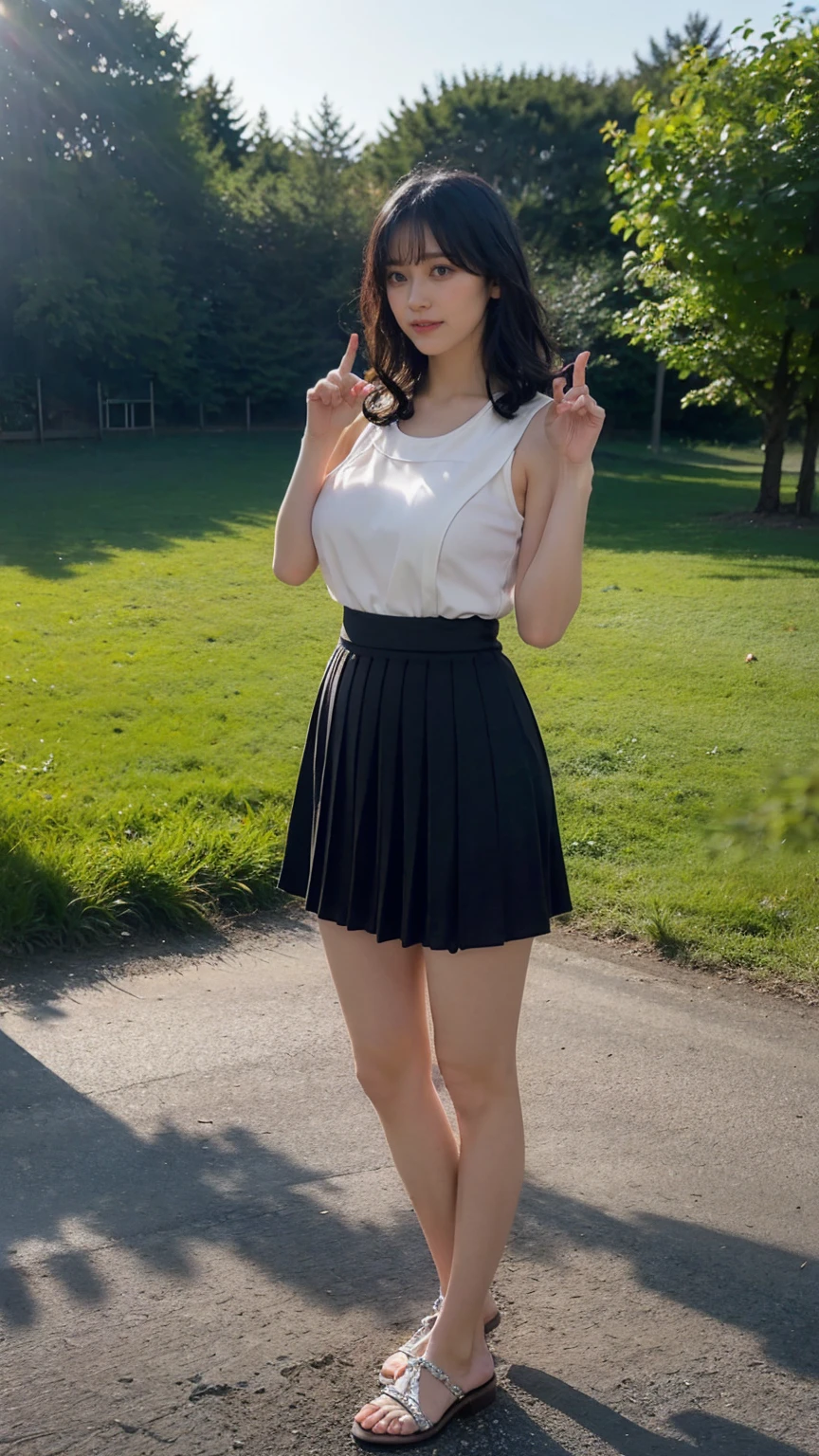21 years old female, long hair, RAW photo, bokeh (realism: 1.4, realistic), high detail CG unified 8K wallpaper, 1girl, ((slim body: 1)), ((natural big ??????:1.3)), back to viewer, ((direct view from the front)), (HQ skin: 1.4), 8k uhd, dslr, soft light, high quality, film grain, Fujifilm XT3, ((knit tank top, black short skirt)), ((outdoor, at park))) jangjoo, portrait,((Layered medium Haircut, black hire)),(looking at viewer:1.4),(Full body:1.7), (((height:162cm))), (((hands up))), (((draw perfect finger)))