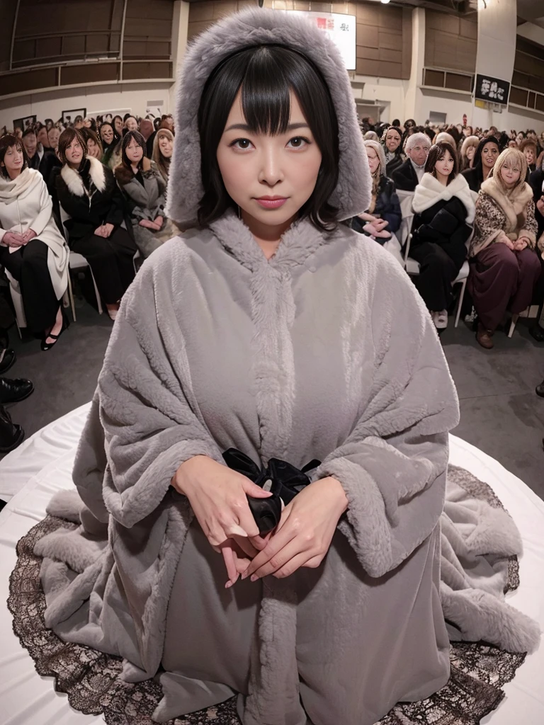 fluffyの毛皮。fluffy。Wedding dressを着た女性たちの写真。Wedding dress、Grey fur cape。Surrounded by fair-skinned adult women。。The dark dungeon of an old stone castle。Fisheye Lens。Multiple women。