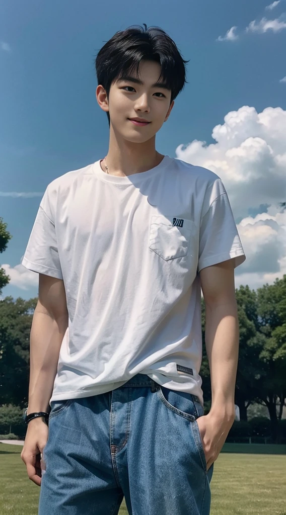 (As a matter of fact, Masterpiece, 8k HD, good light quality, sportswear, fit the face, complicated details), Handsome Korean young man, 20 years old, be happy, smile brightly, detailed face, delicate eyes, มองดูsky, Wear casual clothes, period, black eyes, Black hair color, ผมsmooth, smooth, outdoor sports, Along the garden, Sunny,sky,Surreal,Awesome details,Highest quality,real,