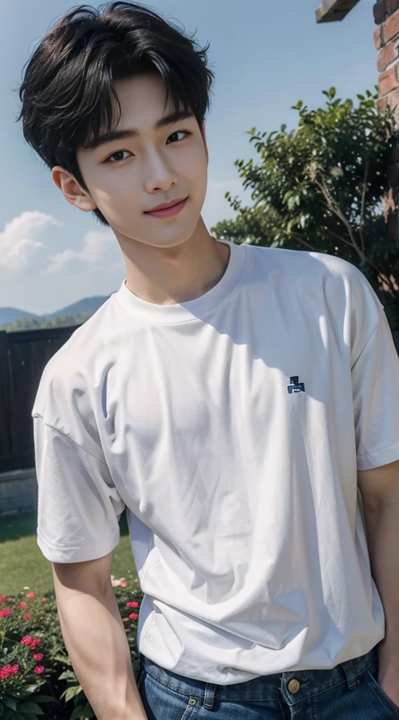 (As a matter of fact, Masterpiece, 8k HD, good light quality, sportswear, fit the face, complicated details), Handsome Korean young man, 20 years old, be happy, smile brightly, detailed face, delicate eyes, มองดูsky, Wear casual clothes, period, black eyes, Black hair color, ผมsmooth, smooth, outdoor sports, Along the garden, Sunny,sky，Surreal，Awesome details，Highest quality，real，