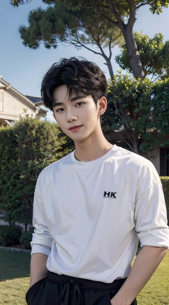 (As a matter of fact, Masterpiece, 8k HD, good light quality, sportswear, fit the face, complicated details), Handsome Korean young man, 20 years old, be happy, smile brightly, detailed face, delicate eyes, มองดูsky, Wear casual clothes, period, black eyes, Black hair color, ผมsmooth, smooth, outdoor sports, Along the garden, Sunny,sky，Surreal，Awesome details，Highest quality，real，