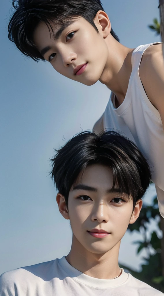 (As a matter of fact, Masterpiece, 8k HD, good light quality, sportswear, fit the face, complicated details), Handsome Korean young man, 20 years old, be happy, smile brightly, detailed face, delicate eyes, มองดูsky, Wear casual clothes, period, black eyes, Black hair color, ผมsmooth, smooth, outdoor sports, Along the garden, Sunny,sky，Surreal，Awesome details，Highest quality，real，