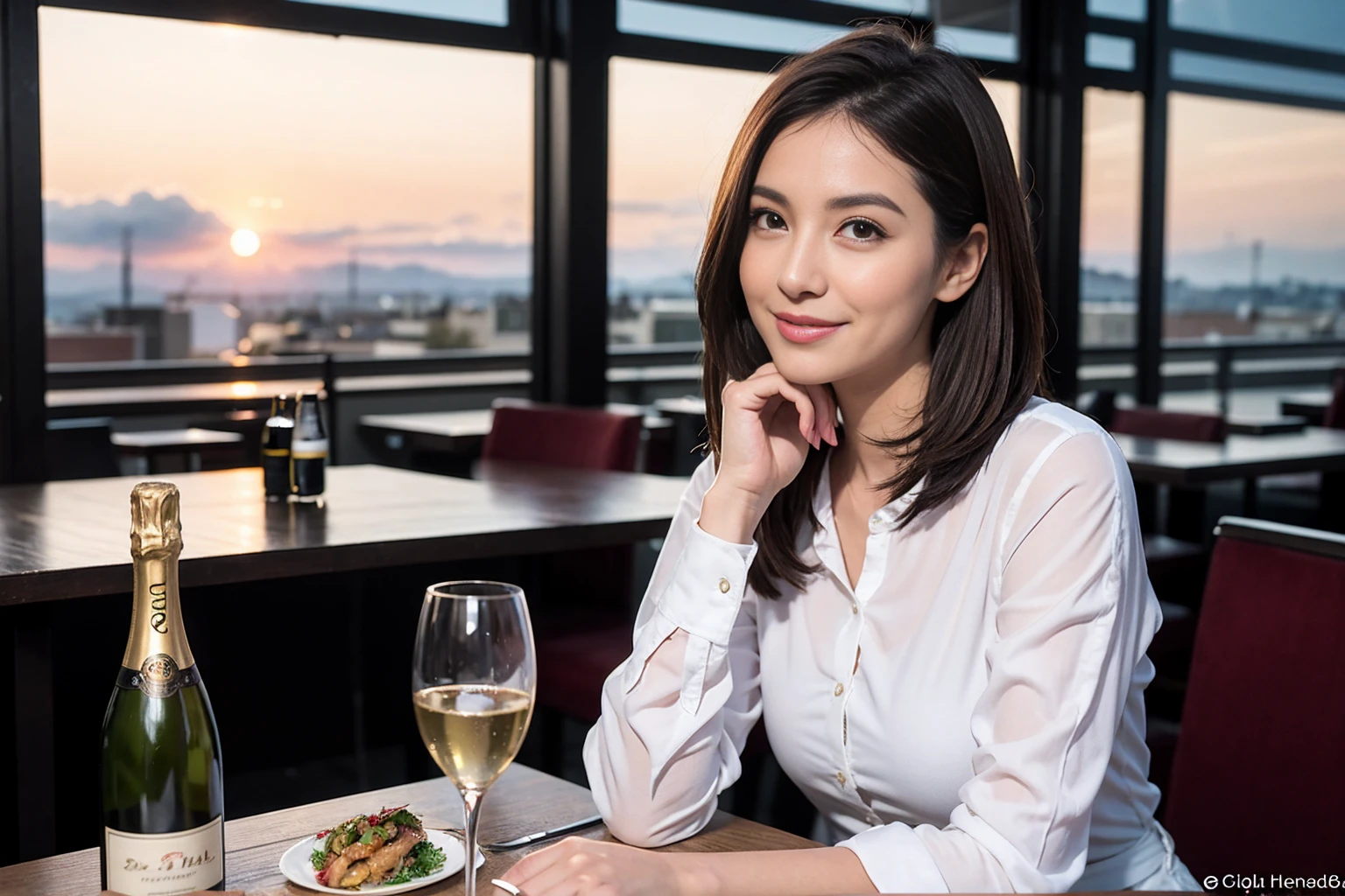 ((Highest quality、8K,masterpiece:1.3))、1 male 1 female、Slim lover、Rei Dan、Beautiful couple、smile、full-course dinner、 (Slim face), (the body is スリム), (Brown Hair), (Shortcuts), ((Bob Hale、Straight hair:1.2)), テーブルの上のwine glass、Shine light on your face、 Amazing view of the sunset sky and clouds、smileの美しさ、Bright image、Blushing, Shortcuts, (43 years old), 39 years old, Appetizers、Italian food、Wine bottle、Champagne、sparkling wine、Long sleeve shirt、dress、Attractive beauty、restaurant, Nova Frog Style, actress, model, Upper Body, White wine, red wine, wine glass,
