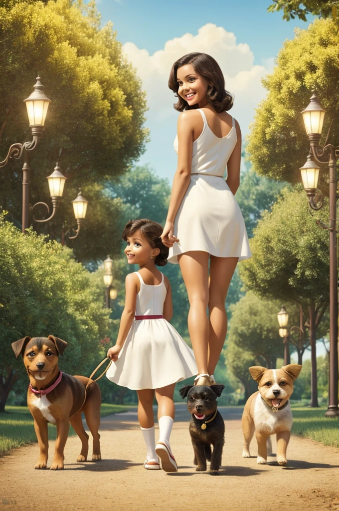Create a Disney Pixar Poster. a woman, with waist-length medium dark brown hair, with happy smile, small black eyes. She wears golden candonga stockings. She is holding two light blonde Glen of Imaal Terrier dogs and a light blonde Creole puppy in a park.. She wears a white bodycon dress with white sandals... There are 5 dogs and 2 more cats in the back..
