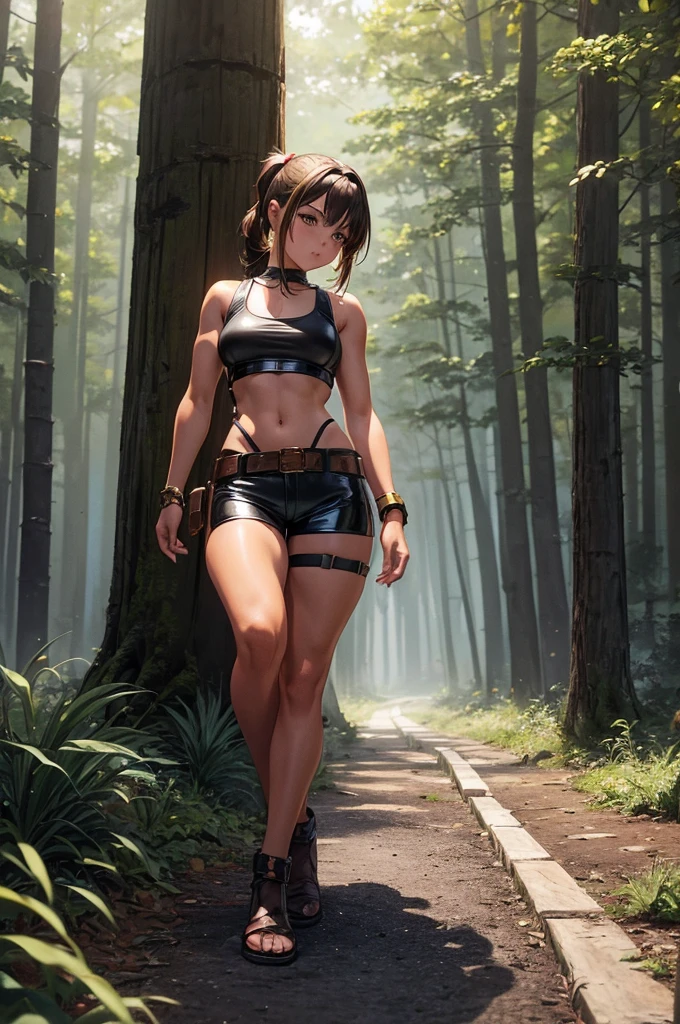 Creating an illustration of a young girl, short brown ponytail, golden eyes, tanned skin, no breasts. she's wearing a leather harness, white sleeveless t-shirt, black fabric short, leather belt, make full body - she's walking in a night forest - digital art style