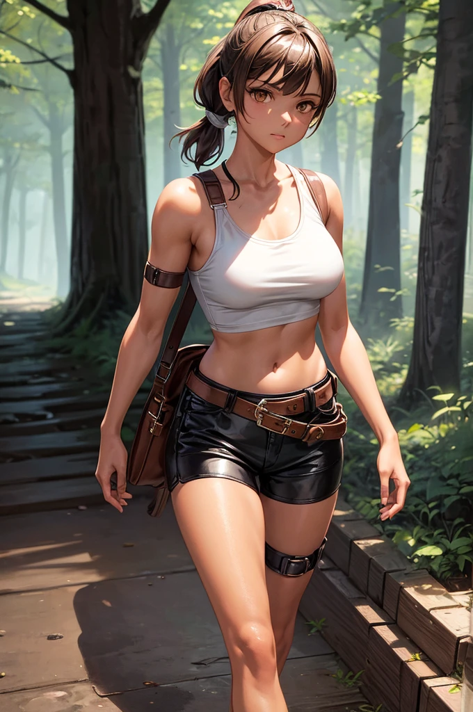Creating an illustration of a young girl, short brown ponytail, golden eyes, tanned skin, no breasts. she's wearing a leather harness, white sleeveless t-shirt, black fabric short, leather belt, make full body - she's walking in a night forest - digital art style