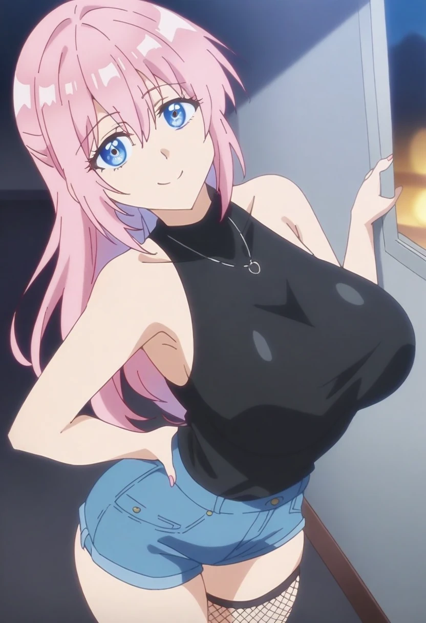 anime art style, 2d, masterpiece, best quality, very aesthetic, absurdres, dynamic shadows, atmosferic, shikimorisan, (1girl), pink hair, long hair, blue eyes, detailed eyes, shadows on eyes, hair between eyes, bangs, large breasts, makeup, curvy body, sexy, casual clothes, black turtleneck shirt, denim shorts, fishnet thighhighs, bare arms, smile, (cowboy shot), (from front), (standing), (indoors), (looking at viewer:1.0)