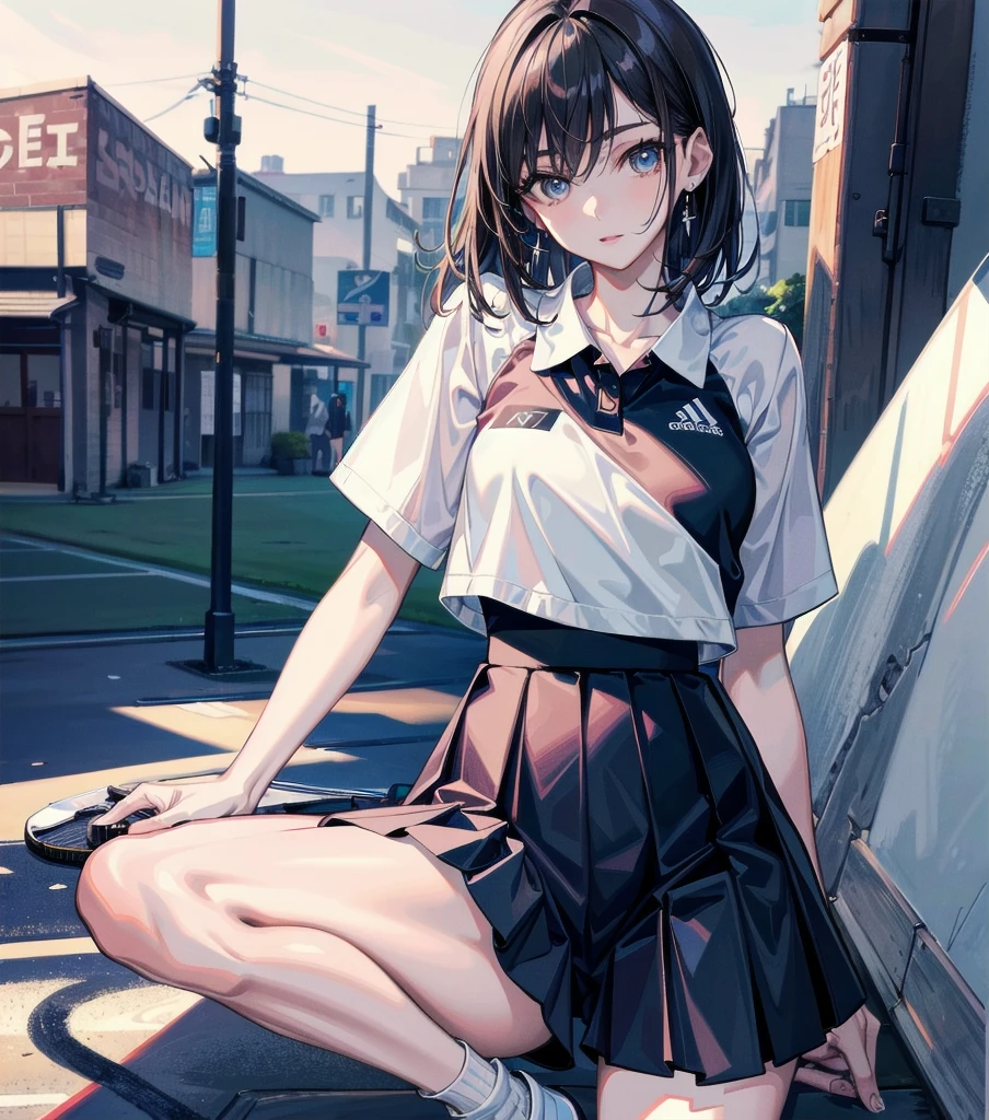 absurdres, RAW photo, extremely delicate and beautiful, masterpiece, Best Quality, ultra high resolution, 32k, hyperrealistic, ultra-detailed, perfect anatomy, super Detailed skin, perfect figure, Japanese woman, late 20s, very Slim body, narrow waist, very small head, handsome detailed woman, very detailed eyes and face, realistic face proportions, Stunning detailed eyes, Realistic beautiful face, very small face, Realistic small beautiful eyes, tearful mole, earring, beautiful and very thin legs, beautiful and very thin thighs, (very huge round breasts), medium hair, black hair, whole body shot, ((Tennis Uniform)), shorts, ((outdoor)),