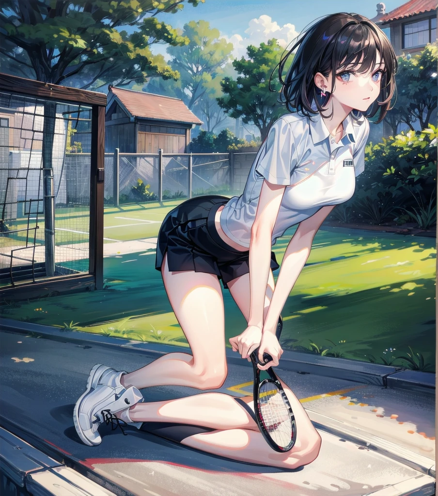 absurdres, RAW photo, extremely delicate and beautiful, masterpiece, Best Quality, ultra high resolution, 32k, hyperrealistic, ultra-detailed, perfect anatomy, super Detailed skin, perfect figure, Japanese woman, late 20s, very Slim body, narrow waist, very small head, handsome detailed woman, very detailed eyes and face, realistic face proportions, Stunning detailed eyes, Realistic beautiful face, very small face, Realistic small beautiful eyes, tearful mole, earring, beautiful and very thin legs, beautiful and very thin thighs, (very huge round breasts), medium hair, black hair, whole body shot, ((Tennis Uniform)), shorts, ((outdoor)),