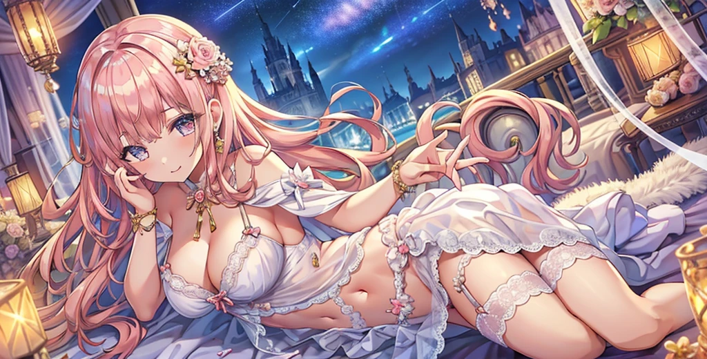 Masterpiece、Highest quality、Super detailed、1 girl、Light pink hair、Fluffy and soft long hair、Starry eyes、Big Tits、Cleavage、Too big breastiko costume、Wide open chest、Mysterious Lights、Night Sky、smile、Lace cape、Earrings、garter belt、Belly button