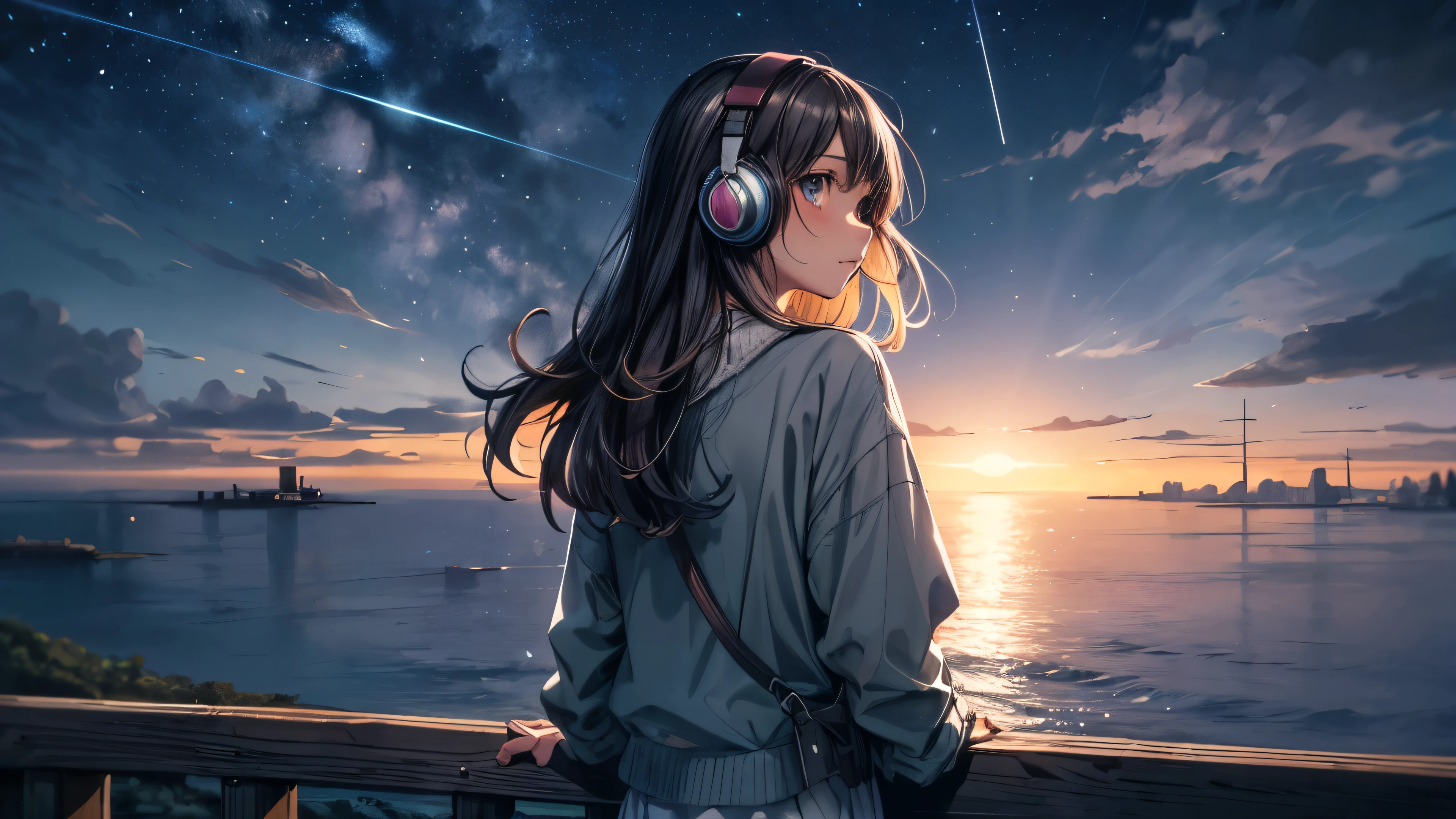 ((la plus haute qualité))Anime style with an early 80's city pop culture vibe, Ambiance Studio Ghibli, mignon!
Une fille se détend au sommet d’une colline surplombant l’océan, regarder le ciel nocturne. Elle porte des écouteurs et des vêtements à manches longues. Elle est tournée vers l'arrière. Une brise agréable souffle et ses cheveux flottent au vent.((chef-d'œuvre)), (détaillé), visage parfait