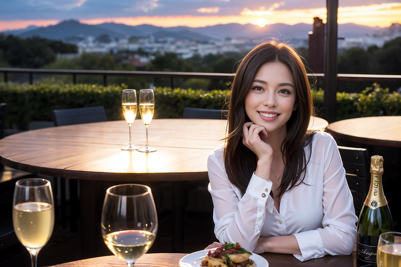 ((Highest quality、、masterpiece:1.3))、1 male、1 female、spouse、Beautiful couple、smile、full-course dinner、 (Slim face), (the body is スリム), (Brown Hair), (Shortcuts), ((Bob Hale、Straight hair:1.2)), テーブルの上のwine glass、Put the light on your face、 Amazing view of the sunset sky and clouds、smileの美しさ、Bright image、Blushing, Shortcuts, (43 years old), 39 years old, Appetizers、Italian food、Wine bottle、Champagne、sparkling wine、Long sleeve shirt、dress、Attractive beauty、restaurant, Nova Frog Style, actress, model, Upper Body, White wine, red wine, wine glass,