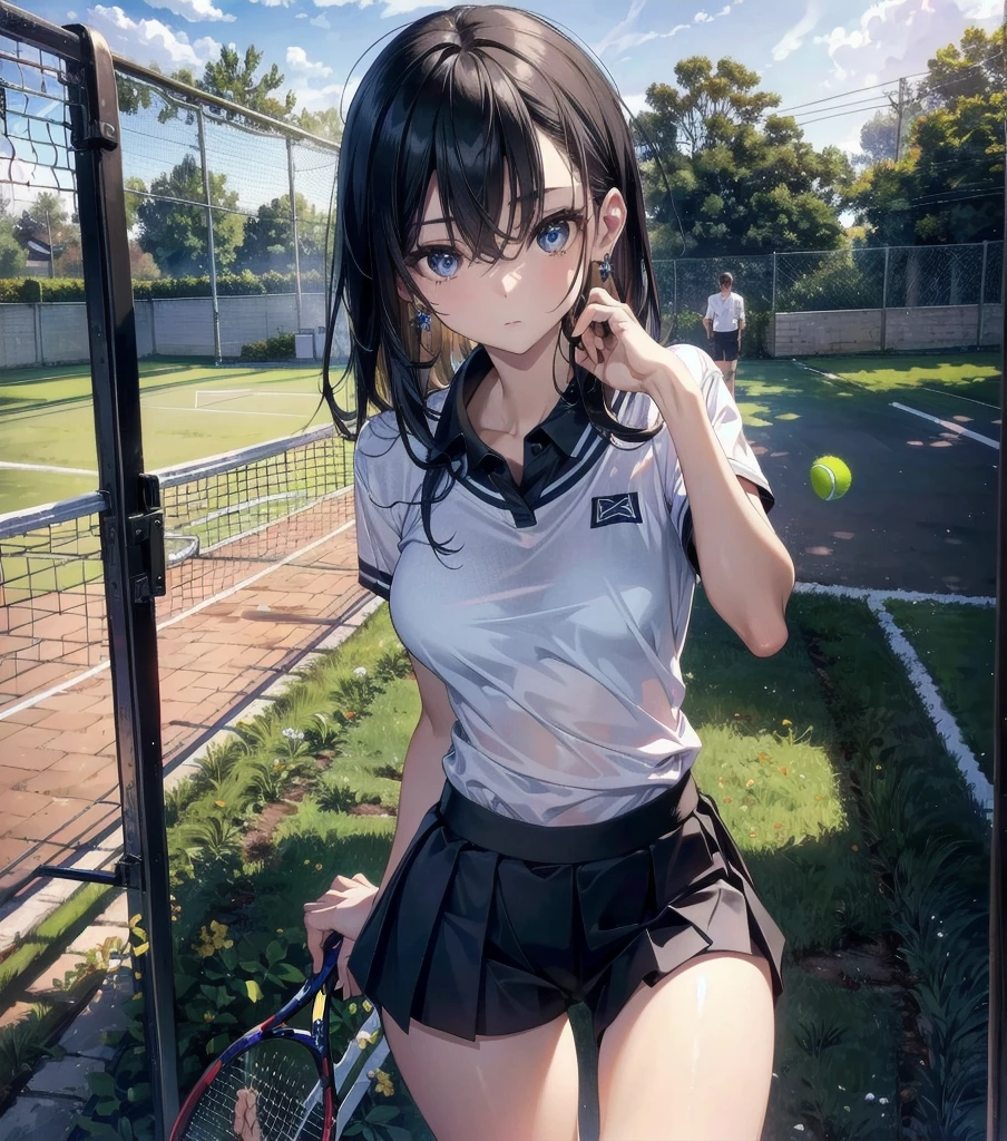 absurdres, RAW photo, extremely delicate and beautiful, masterpiece, Best Quality, ultra high resolution, 32k, hyperrealistic, ultra-detailed, perfect anatomy, super Detailed skin, perfect figure, Japanese woman, late 20s, very Slim body, narrow waist, very small head, handsome detailed woman, very detailed eyes and face, realistic face proportions, Stunning detailed eyes, Realistic beautiful face, very small face, Realistic small beautiful eyes, tearful mole, earring, beautiful and very thin legs, beautiful and very thin thighs, (very huge round breasts), medium hair, black hair, whole body shot, ((Tennis Uniform)), shorts, ((outdoor)),