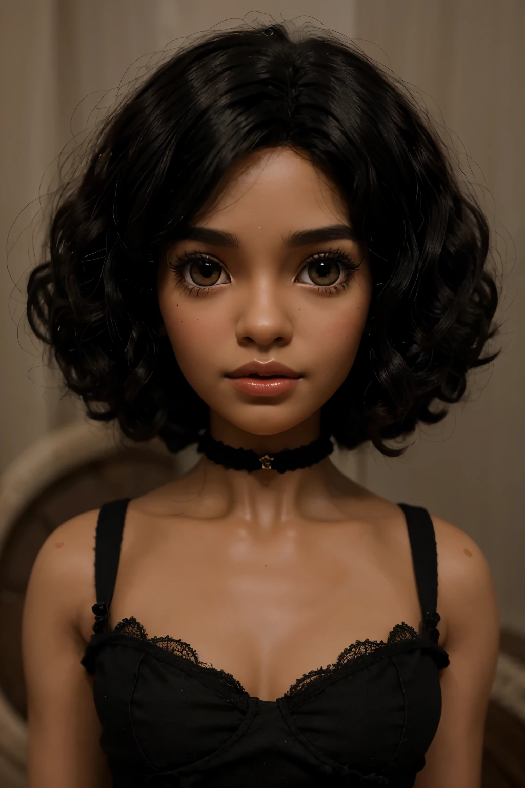 make me a blythe doll, dark skin, short curly black hair to the shoulders, brown eyes, thin nose, medium lips