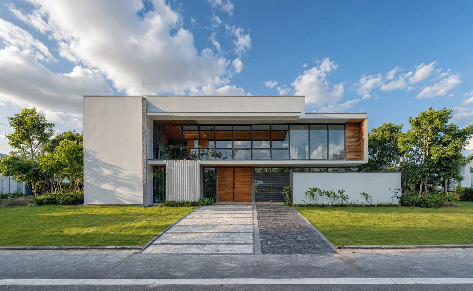 Masterpiece, 4k pixcel, high quality, best quality, authentic, super detail, outdoors, onestoreyvillaXL, aiaigroup, house style modern on the street ,stairs, white wall ,road,pavement, grass, trees, sky, cloud, (daylight:1.1)