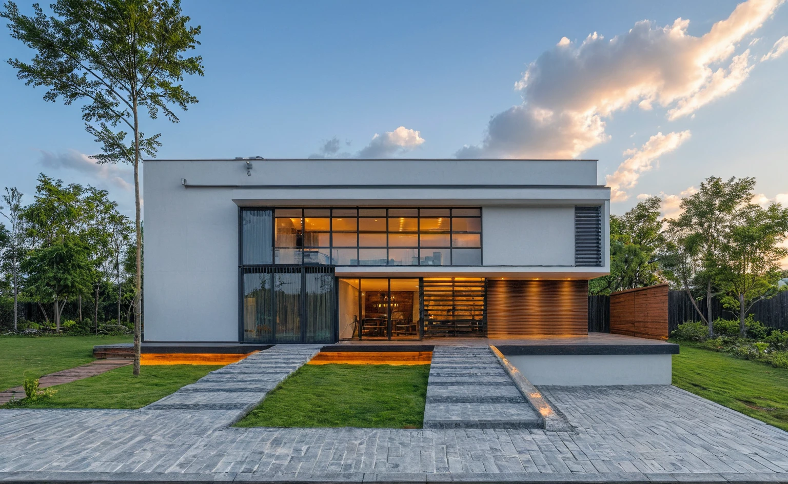 Masterpiece, 4k pixcel, high quality, best quality, authentic, super detail, outdoors, onestoreyvillaXL, aiaigroup, house style modern on the street ,stairs, white wall ,road,pavement, grass, trees, sky, cloud, (daylight:1.1)