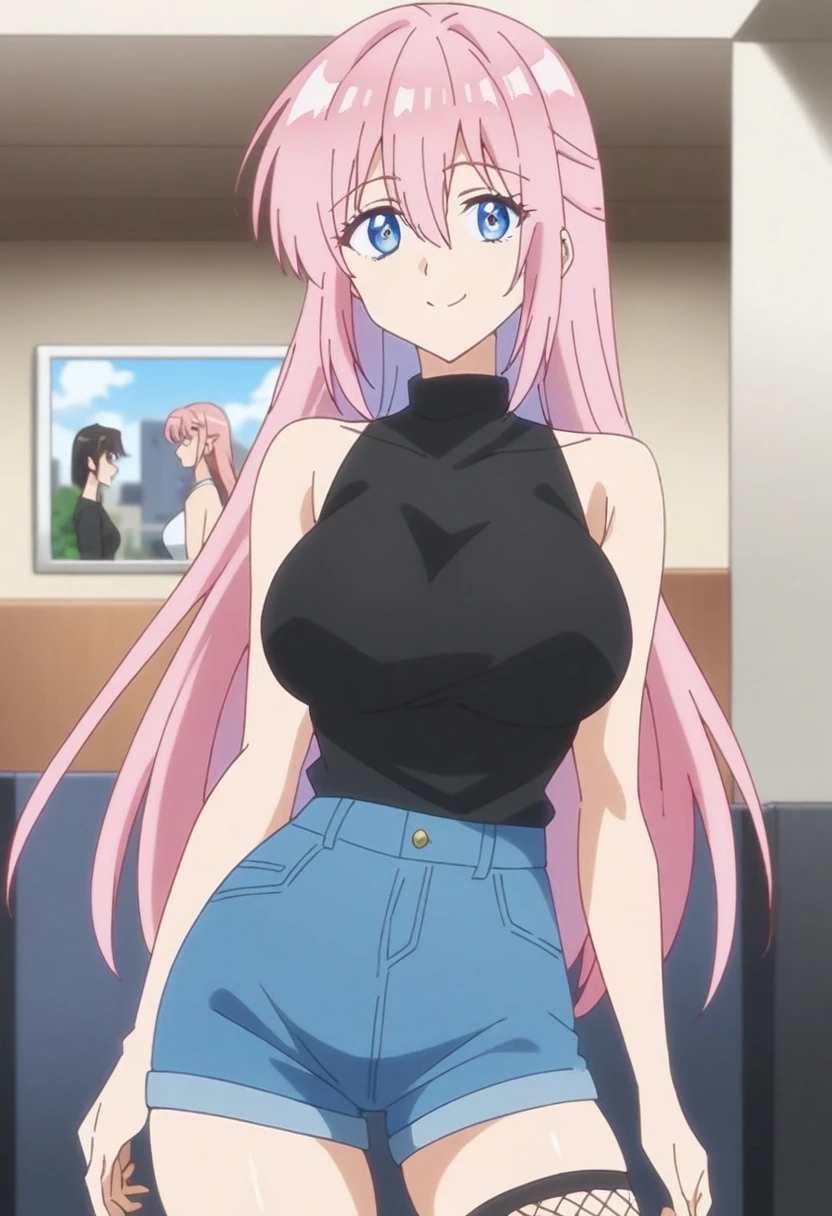 anime art style, 2d, masterpiece, best quality, very aesthetic, absurdres, dynamic shadows, atmosferic, shikimorisan, (1girl), pink hair, long hair, blue eyes, narrowed eyes, detailed eyes, hair between eyes, bangs, medium breasts, makeup, curvy body, sexy, turtleneck shirt, black shirt, white skirt, pleated skirt, white thighhighs, see-throught thighhighs, bare shoulders, bare arms, sneakers, smile, ((cowboy shot)), (((hands on own chest))), (sitting), (from above), (bed), (furniture), (plants), (indoors), (window), (looking at viewer:1.0)