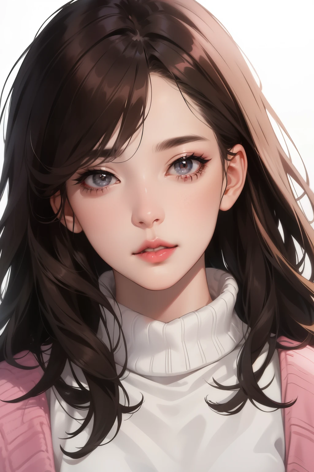 Girl, long brown hair, dark gray eyes, sharp features, white skin, pink lips, perfect, sweater