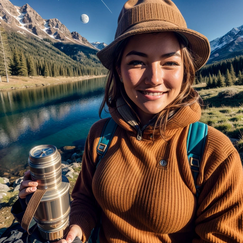 Artemis Wolfe ((upper body selfie, happy)), masterpiece, best quality, ultra-detailed, solo, outdoors, (night), mountains, nature, (stars, moon) cheerful, happy, backpack, sleeping bag, camping stove, water bottle, mountain boots, gloves, sweater, hat, flashlight, forest, rocks, river, wood, smoke, shadows, contrast, clear sky, analog style (look at viewer:1.2) (skin texture) (film grain:1.3), (warm hue, warm tone) :1.2), close up, cinematic light, sidelighting, ultra high res, best shadow, RAW, upper body,  , wearing pullover
kodak vision 3,