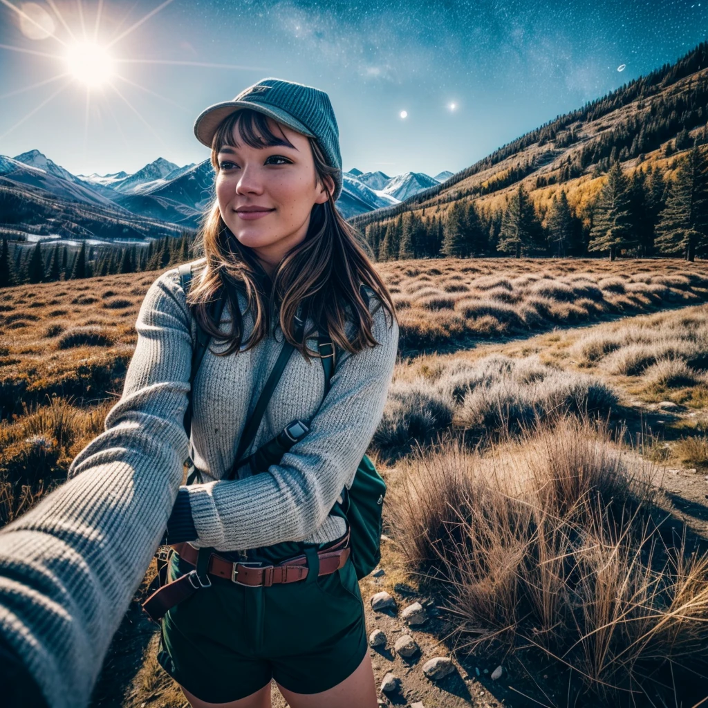 Artemis Wolfe ((upper body selfie, happy)), masterpiece, best quality, ultra-detailed, solo, outdoors, (night), mountains, nature, (stars, moon) cheerful, happy, backpack, sleeping bag, camping stove, water bottle, mountain boots, gloves, sweater, hat, flashlight, forest, rocks, river, wood, smoke, shadows, contrast, clear sky, analog style (look at viewer:1.2) (skin texture) (film grain:1.3), (warm hue, warm tone) :1.2), close up, cinematic light, sidelighting, ultra high res, best shadow, RAW, upper body, , wearing pullover
kodak vision 3,