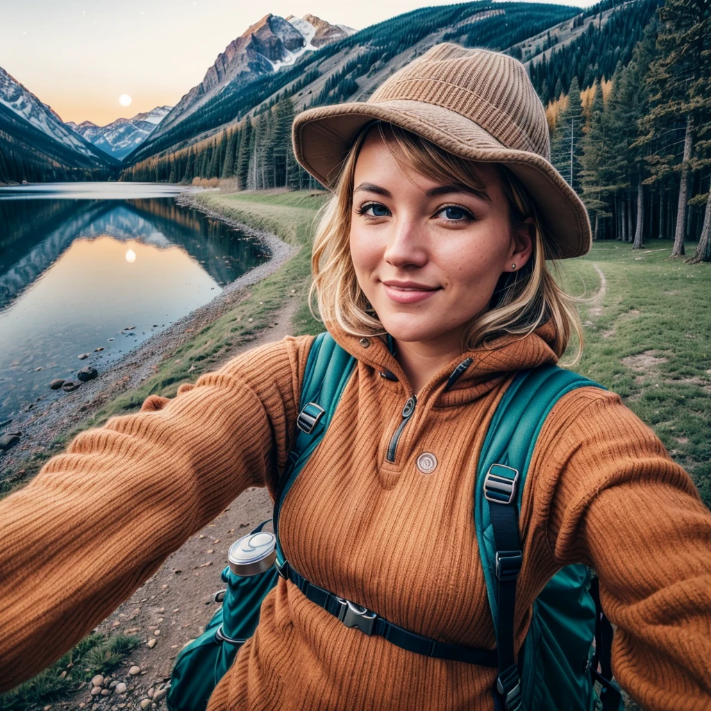 Artemis Wolfe ((upper body selfie, happy)), masterpiece, best quality, ultra-detailed, solo, outdoors, (night), mountains, nature, (stars, moon) cheerful, happy, backpack, sleeping bag, camping stove, water bottle, mountain boots, gloves, sweater, hat, flashlight, forest, rocks, river, wood, smoke, shadows, contrast, clear sky, analog style (look at viewer:1.2) (skin texture) (film grain:1.3), (warm hue, warm tone) :1.2), close up, cinematic light, sidelighting, ultra high res, best shadow, RAW, upper body, , wearing pullover
kodak vision 3,