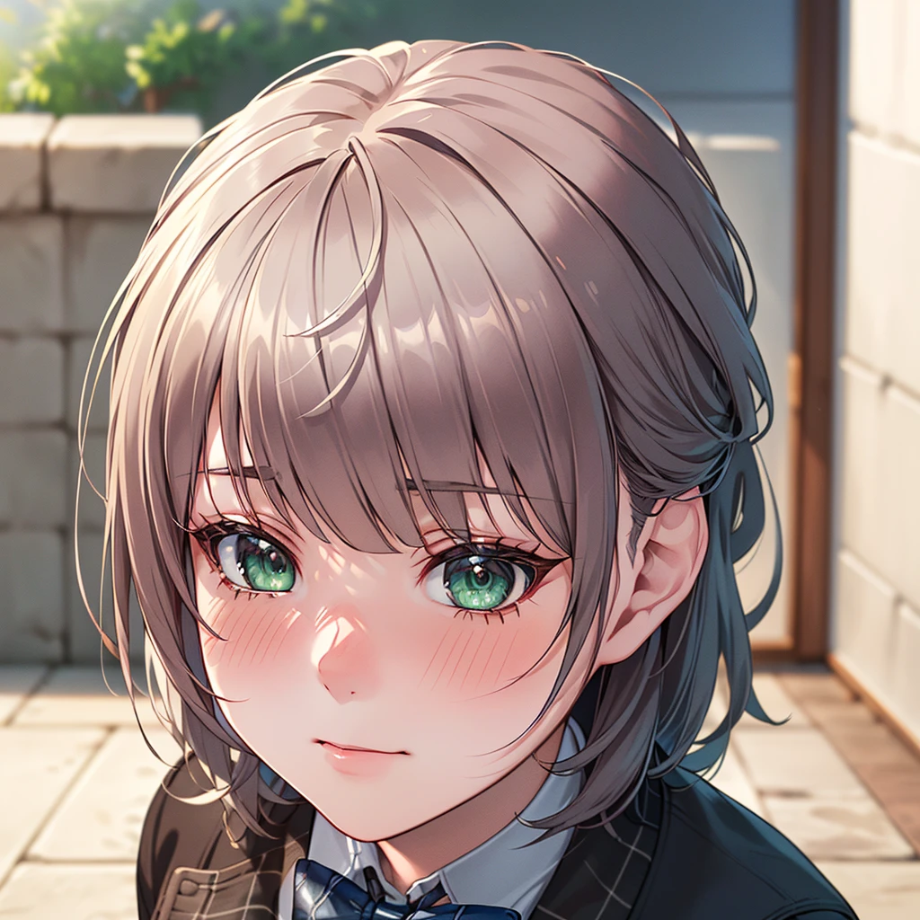 ((masterpiece, best quality, highres, UHD, perfect pixel, depth of field, 4k, RTX, HDR))), 1girl, single, solo, beautiful anime girl, beautiful artstyle, anime character, ((long hair, bangs, brown hair, curly hair:0.8)), ((green eyes:1.4, rounded eyes, beautiful eyelashes, realistic eyes)), ((detailed face, blushing:1.2)), ((smooth texture:0.75, realistic texture:0.65, photorealistic:1.1, anime CG style)), medium breasts, dynamic angle, perfect body, ((portrait, pov)), ((red bowtie, , black jacket, open jacket, brown cardigan, white shirt, black skirt, plaid skirt)), smile, amusement park