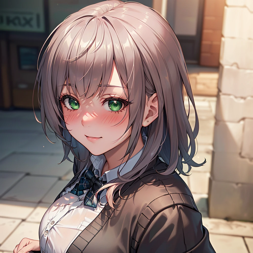 ((masterpiece, best quality, highres, UHD, perfect pixel, depth of field, 4k, RTX, HDR))), 1girl, single, solo, beautiful anime girl, beautiful artstyle, anime character, ((long hair, bangs, brown hair, curly hair:0.8)), ((green eyes:1.4, rounded eyes, beautiful eyelashes, realistic eyes)), ((detailed face, blushing:1.2)), ((smooth texture:0.75, realistic texture:0.65, photorealistic:1.1, anime CG style)), medium breasts, dynamic angle, perfect body, ((portrait, pov)), ((red bowtie, , black jacket, open jacket, brown cardigan, white shirt, black skirt, plaid skirt)), smile, amusement park