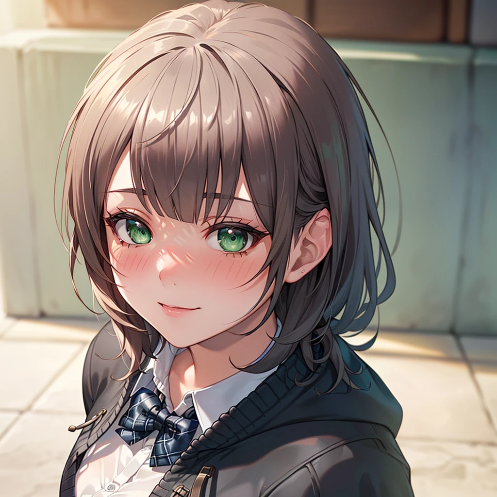 ((masterpiece, best quality, highres, UHD, perfect pixel, depth of field, 4k, RTX, HDR))), 1girl, single, solo, beautiful anime girl, beautiful artstyle, anime character, ((long hair, bangs, brown hair, curly hair:0.8)), ((green eyes:1.4, rounded eyes, beautiful eyelashes, realistic eyes)), ((detailed face, blushing:1.2)), ((smooth texture:0.75, realistic texture:0.65, photorealistic:1.1, anime CG style)), medium breasts, dynamic angle, perfect body, ((portrait, pov)), ((red bowtie, , black jacket, open jacket, brown cardigan, white shirt, black skirt, plaid skirt)), smile, amusement park