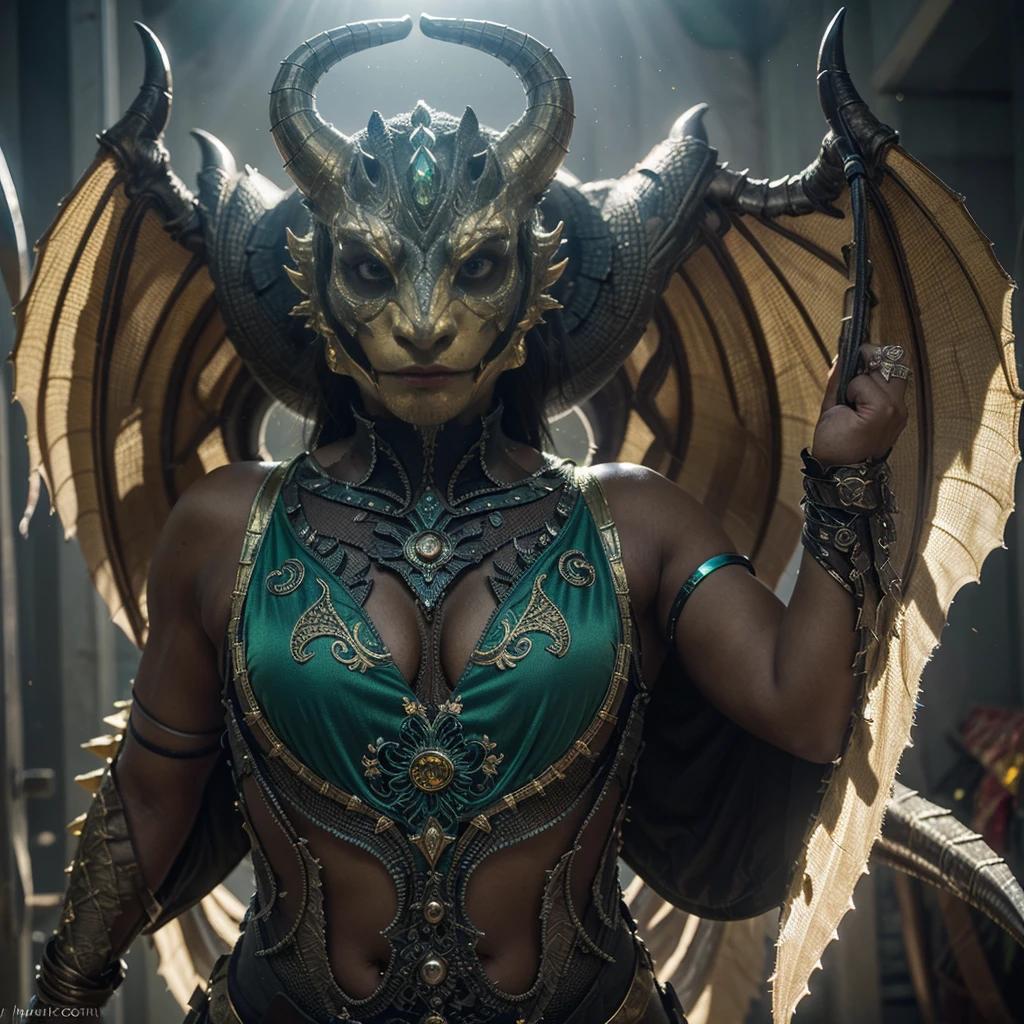 imposing and majestic dragon, with scales that shine like polished metal in the sunlight. Her skin is a deep shade of emerald green., with golden reflections in the most exposed areas. The scales are dense and resistant, protecting it from attacks and adverse conditions. Its head is adorned with sharp horns, that bend backwards, and your eyes are big and intelligent, of an intense yellow that conveys ancestral wisdom.
of Drakorin are impressive, with membranes between the bones that resemble fine translucent green silk, allowing you to fly with grace and speed. Each wing is decorated with intricate patterns reminiscent of ancient runes, symbolizing his status as an ancestral guardian of the mountains.