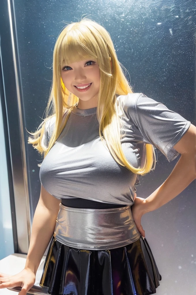 (beautiful micro girl:1.3),(future morning:1.4),( huge boobs:1.4) ,,(messy short glossy platinum yellow blond hair:1.3),(bangs:1.2)
(smile :1.2),(beautiful body:1.5),(silver mini skirt :1.4),(black big T-shirt:1.4),(big hip:1.3)