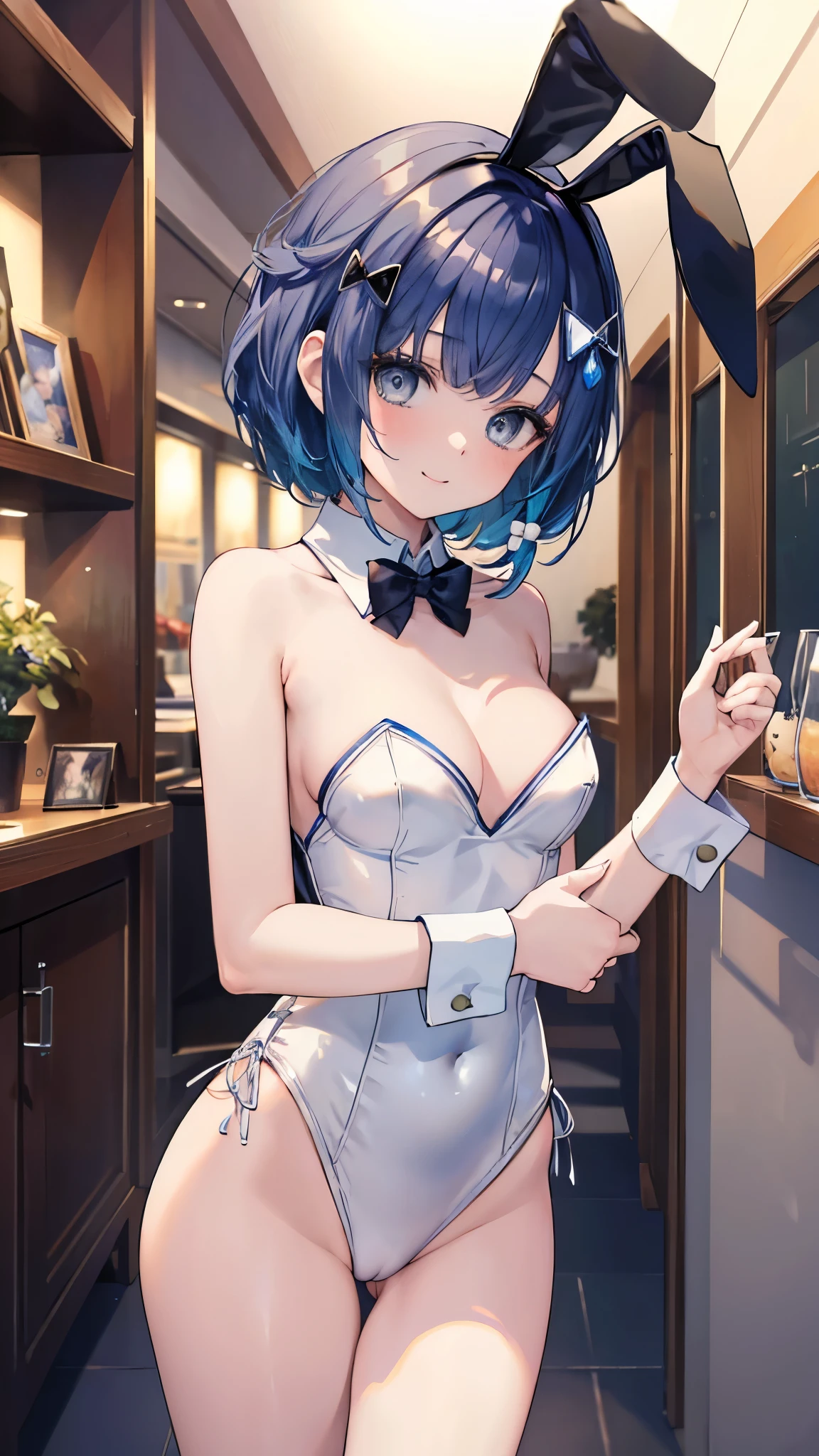 (masterpiece、Highest quality、Very detailed))、One Girl、Tsumugi Kokage、short hair、Blue Hair、hair ornament、Grey Eyes、smile、Moderate breasts、((playboy bunny))、Cowboy Shot、Casino Background