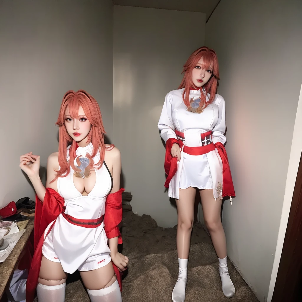 ((redder woman, with very long yellow hair, huge breasts, at the door of the room with her pussy wet with cum on the floor, in an apron, facing the specifier, completely naked))), with her daughter in front of her with folding arms, with a face of anger,