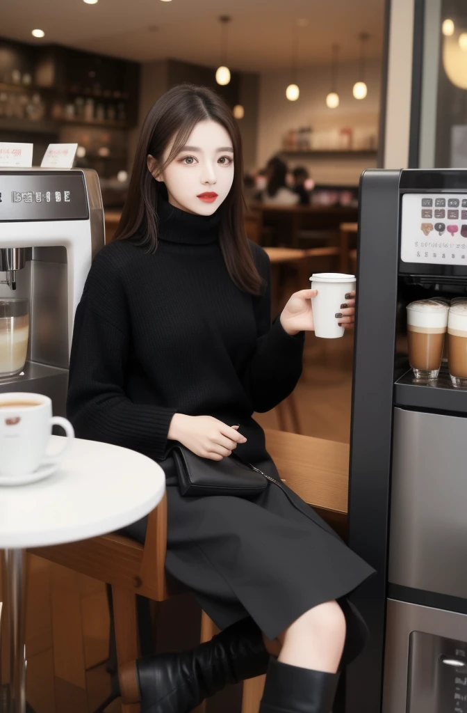 The picture shows a long-haired beauty sitting in a cafe。She was wearing a black coat,Wear a white turtleneck sweater and a black skirt,On the feet is a pair of black boots。Her hair is brown,Slightly curled and hanging on the shoulders。Her makeup is delicate,Especially the color of the lipstick is very eye-catching。Her eyes are a little blurry,Seems to be thinking about something。The cafe in the background is very stylishly decorated,Various decorations hanging on the wall,There is a coffee machine and other beverage utensils on the table。The whole picture gives people a quiet and elegant feeling。